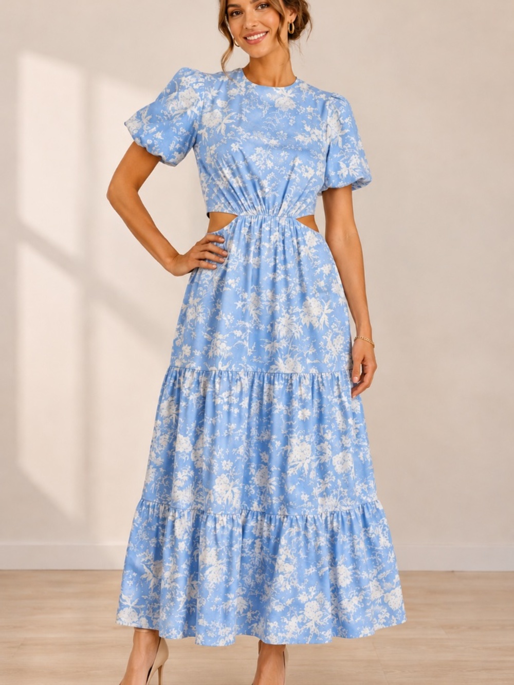 WAYF Blue White Toile Cutout Puff Sleeve Maxi Dress Size M